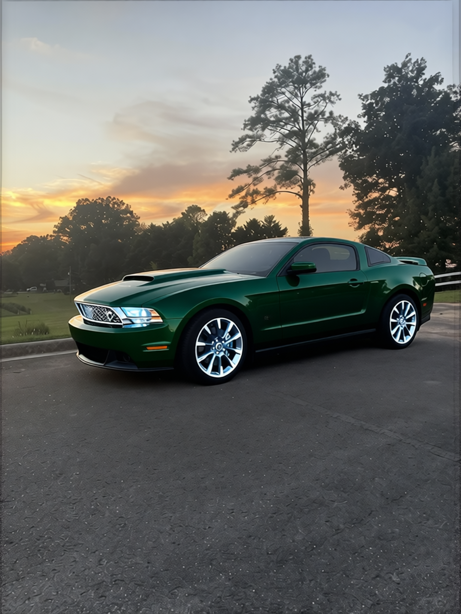 Ford Mustang rendered in Camouflage Green gloss wrap
