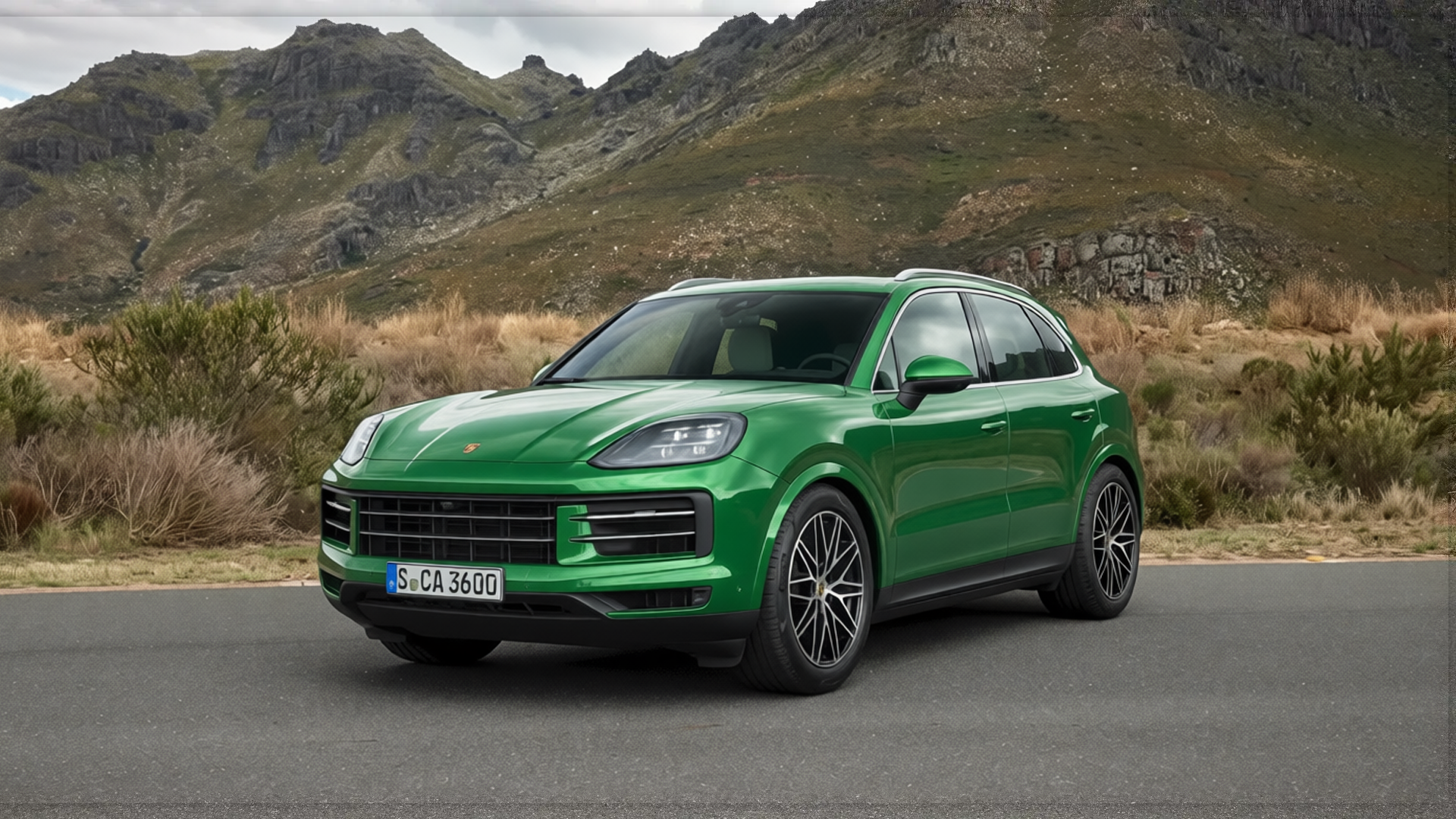 Porsche Cayenne rendered in Racing Green gloss paint