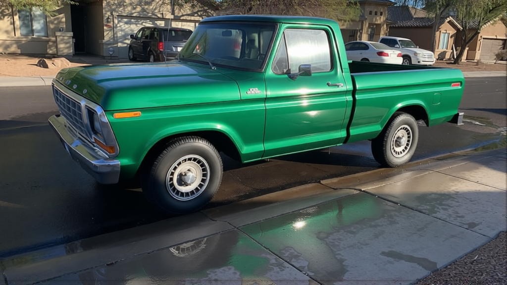 Ford F100 rendered in Racing Green gloss paint
