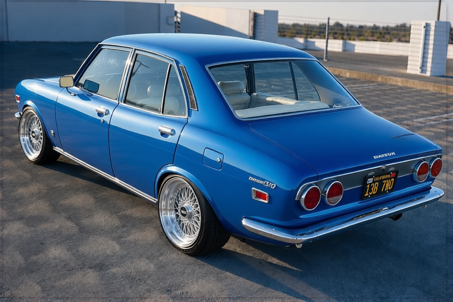 Datsun Coupe rendered in Gulf Blue gloss paint