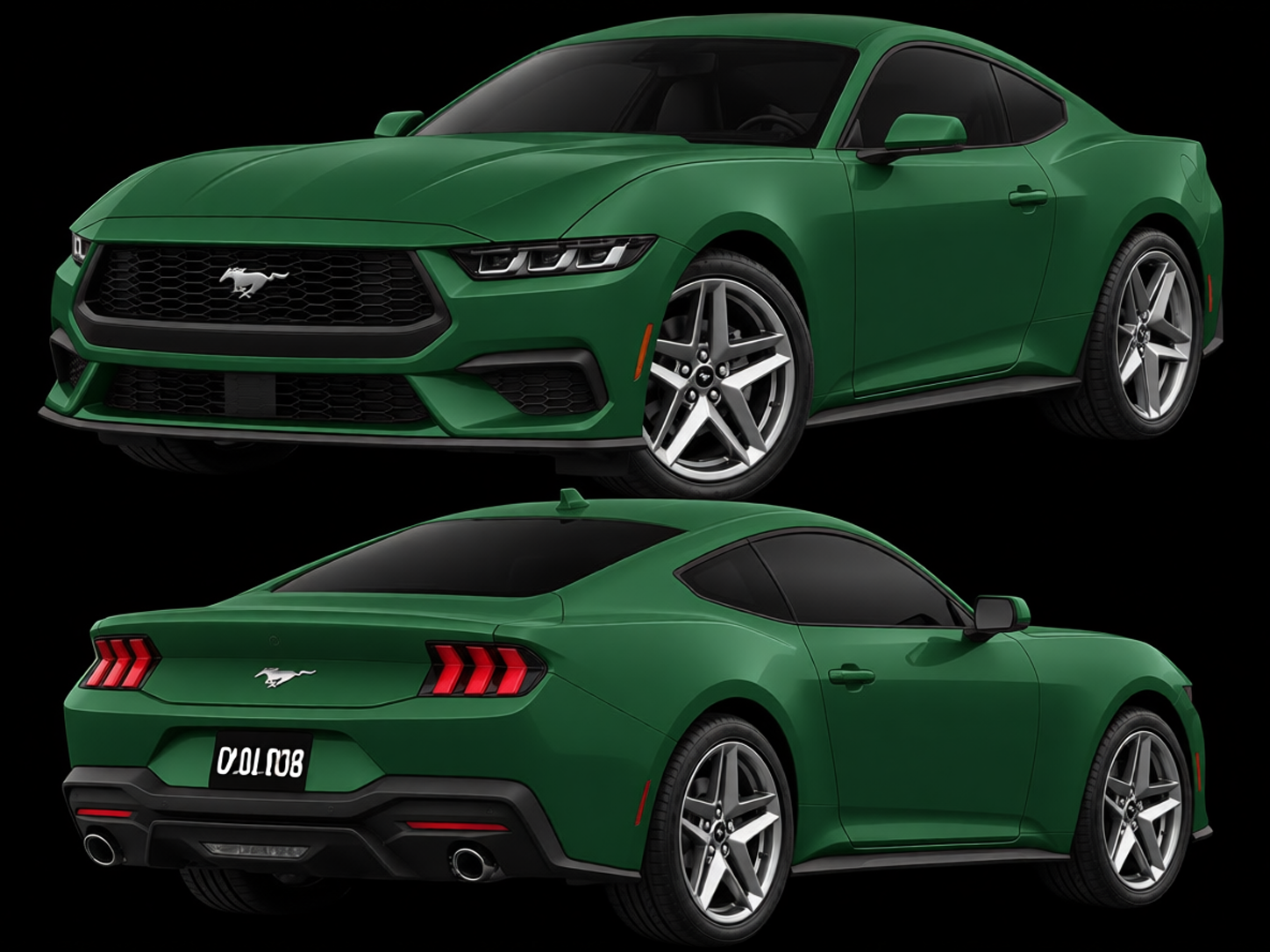 Ford Mustang rendered in Racing Green matte paint