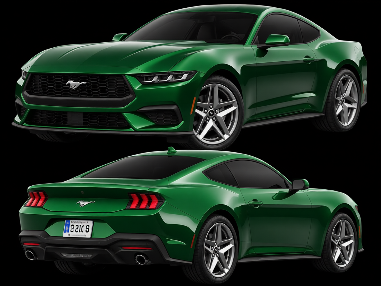 Ford Mustang rendered in Racing Green gloss paint