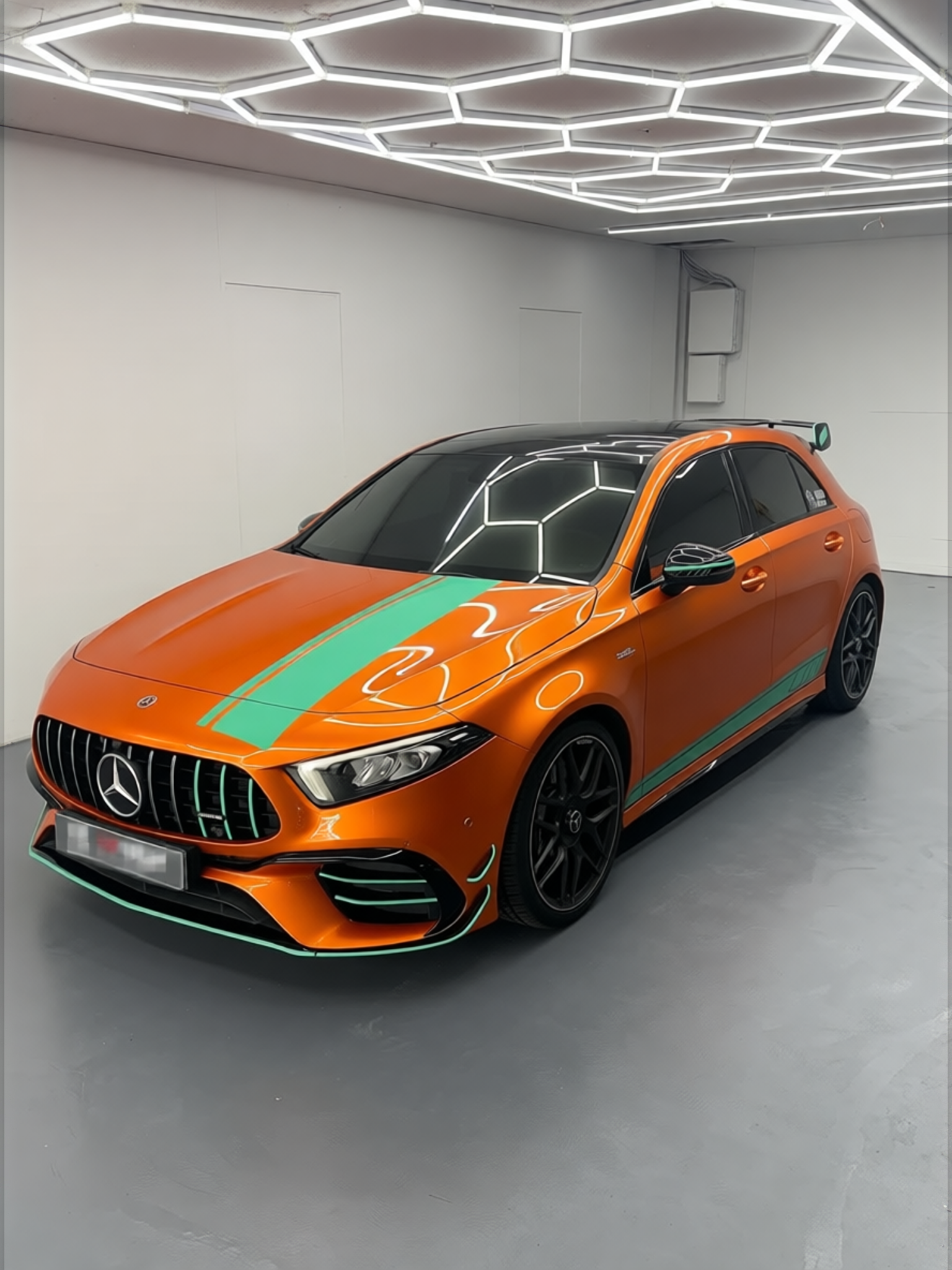Mercedes-Benz A45 AMG rendered in Lava Orange gloss paint
