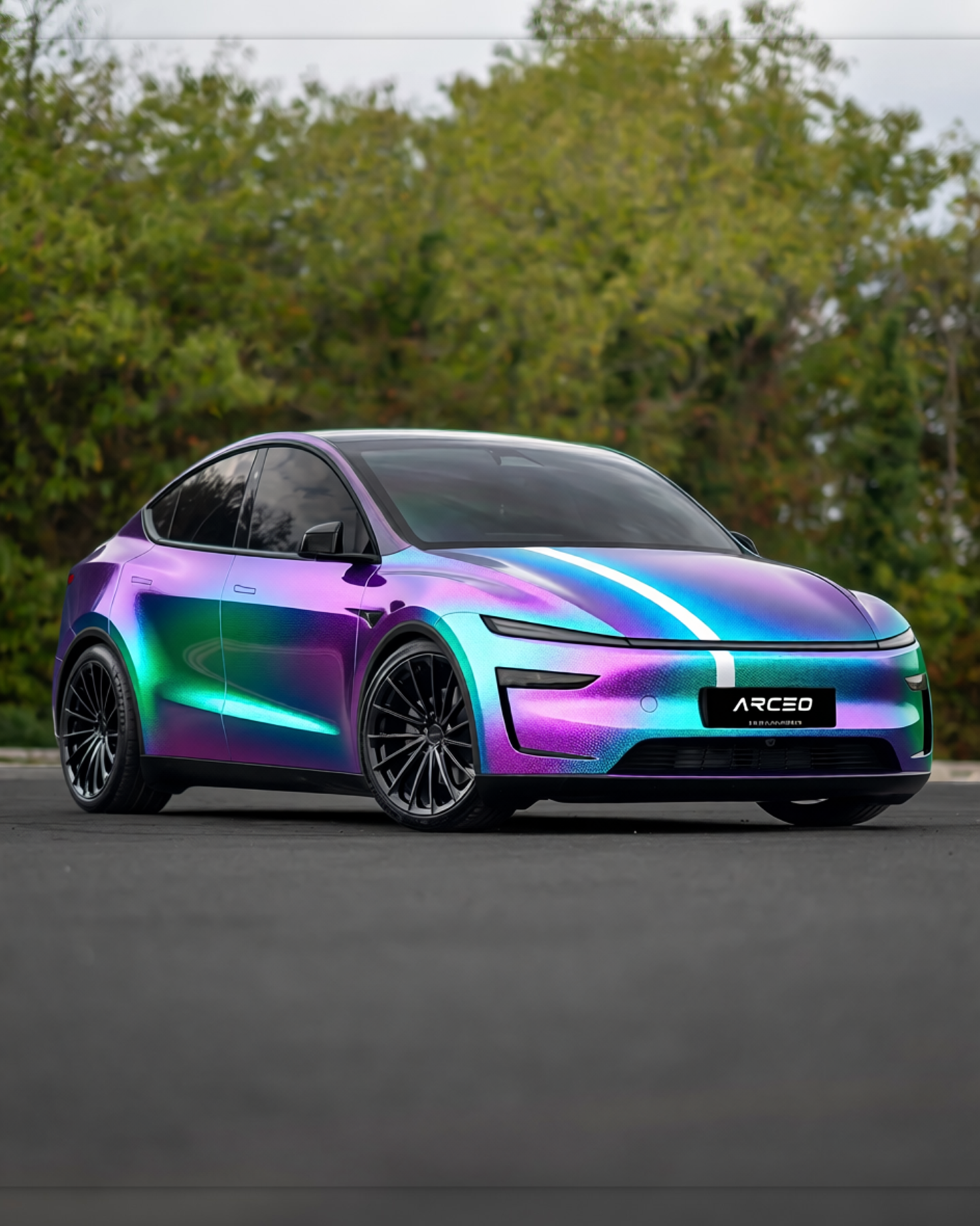 Tesla Model Y rendered in Gloss ColorFlow Lightning Ridge Purple/Green gloss wrap
