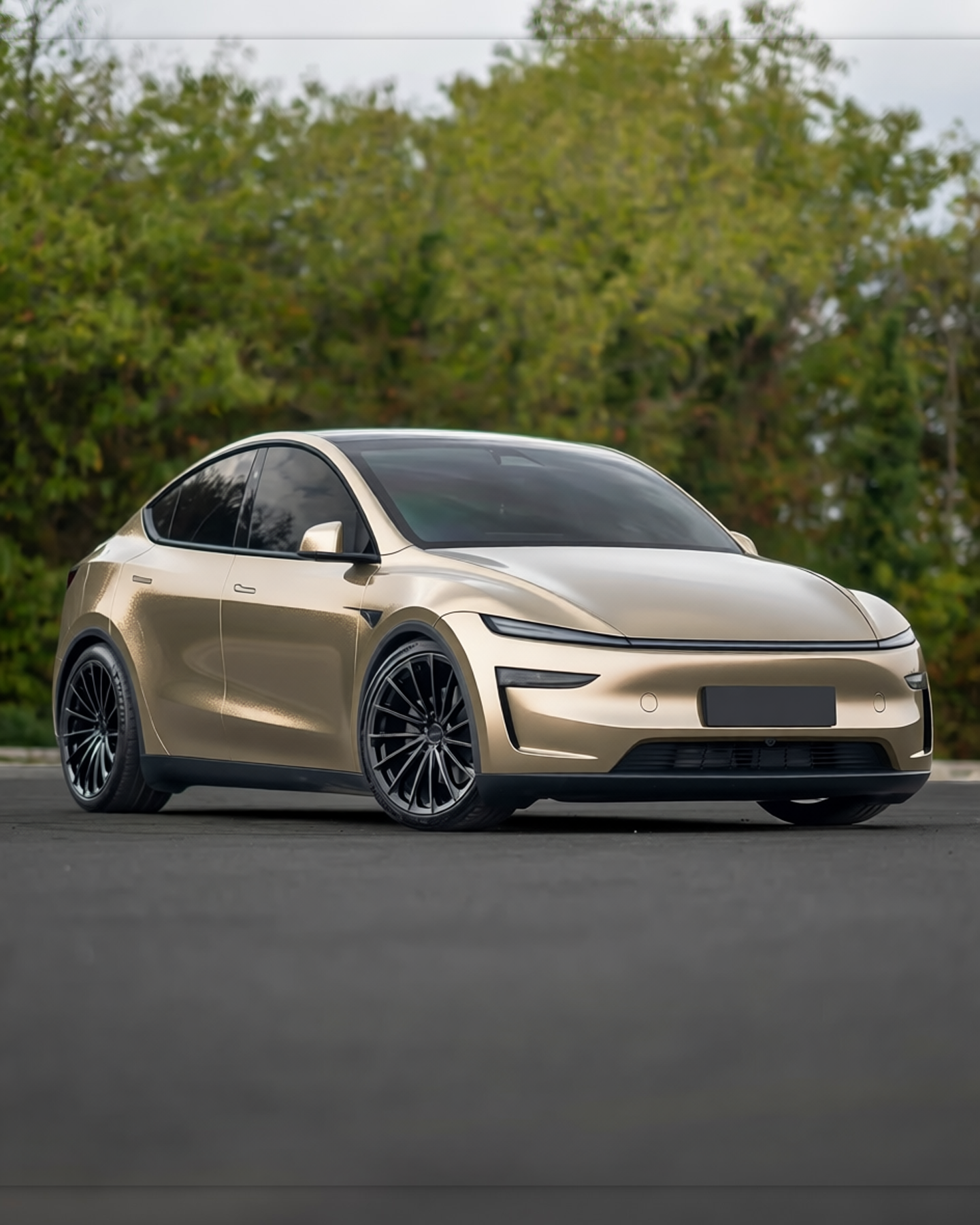 Tesla Model Y rendered in Matte Metallic Champaign Dark Gold gloss wrap