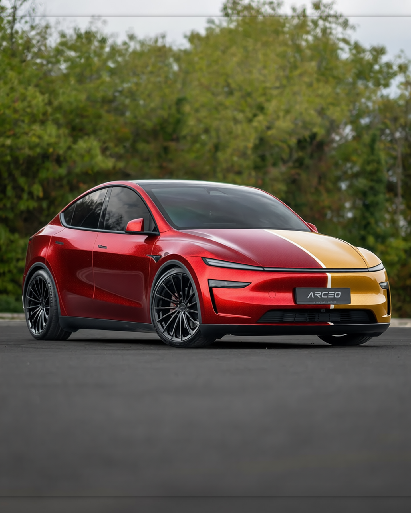 Tesla Model Y rendered in Gloss ColorFlow Rising Sun Red/Gold gloss wrap