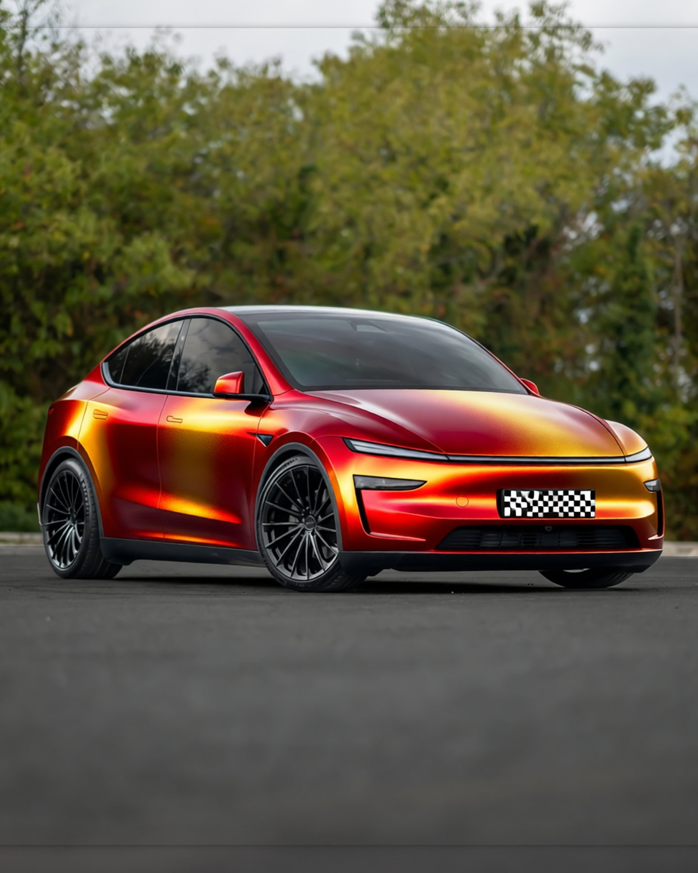 Tesla Model Y rendered in Satin ColorFlow Rising Sun Red/Gold gloss wrap