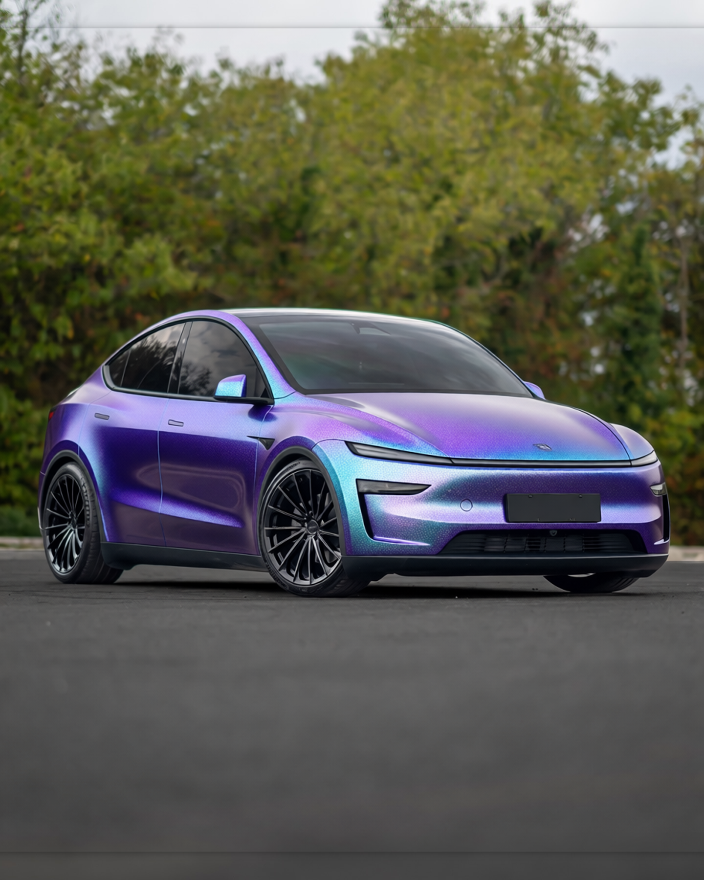 Tesla Model Y rendered in Matte Purple Blue Iridescent gloss wrap