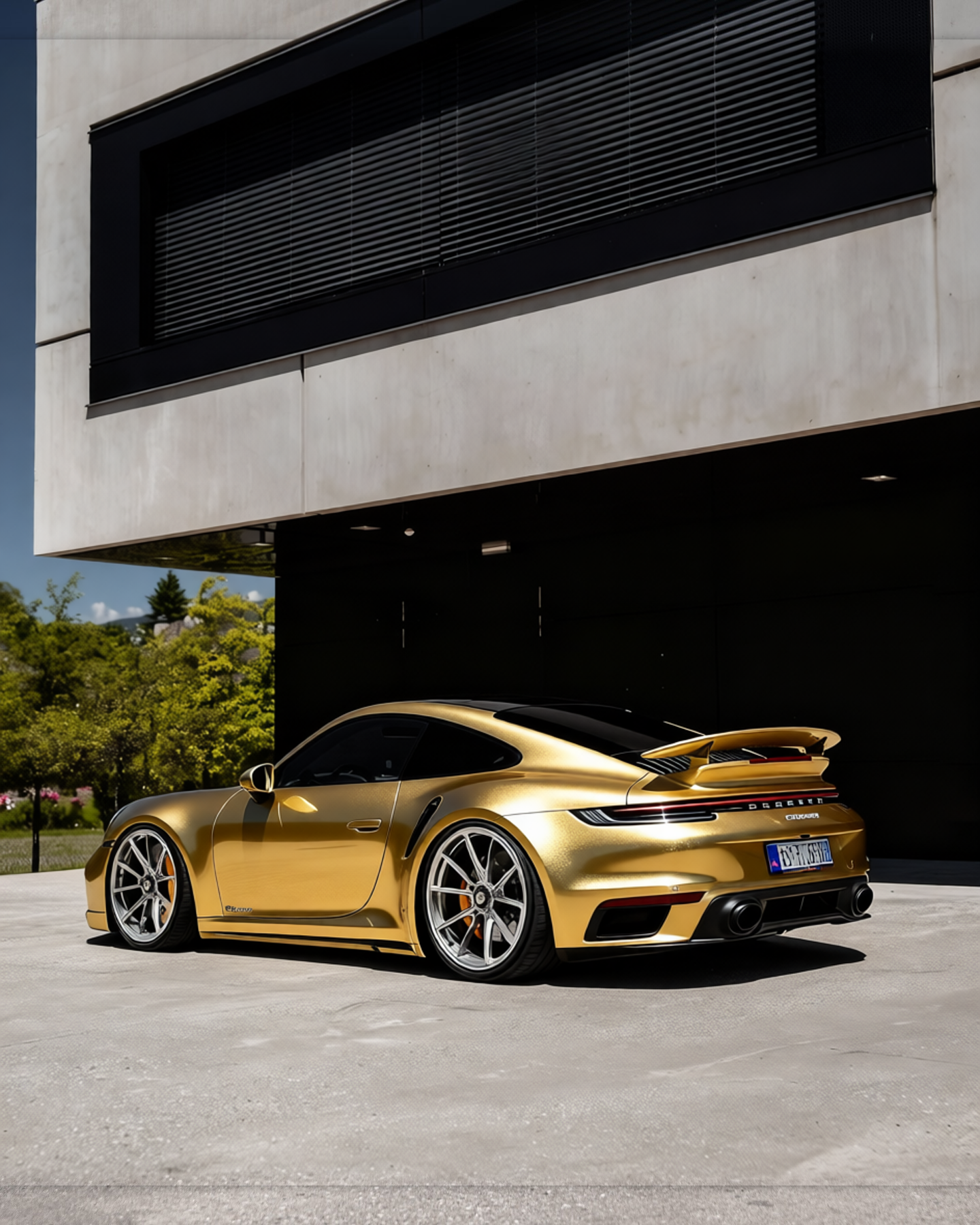 Porsche 911 rendered in Brushed Gold gloss wrap