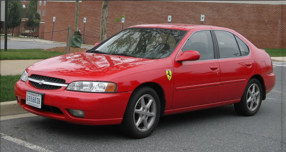 Nissan Sunny rendered in Ferrari Red gloss paint