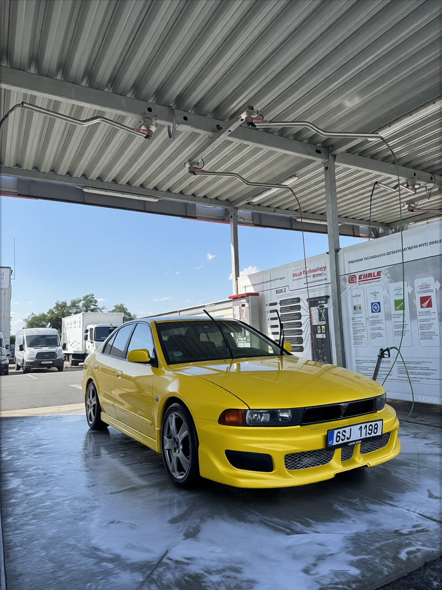 Mitsubishi Lancer rendered in Racing Yellow gloss paint