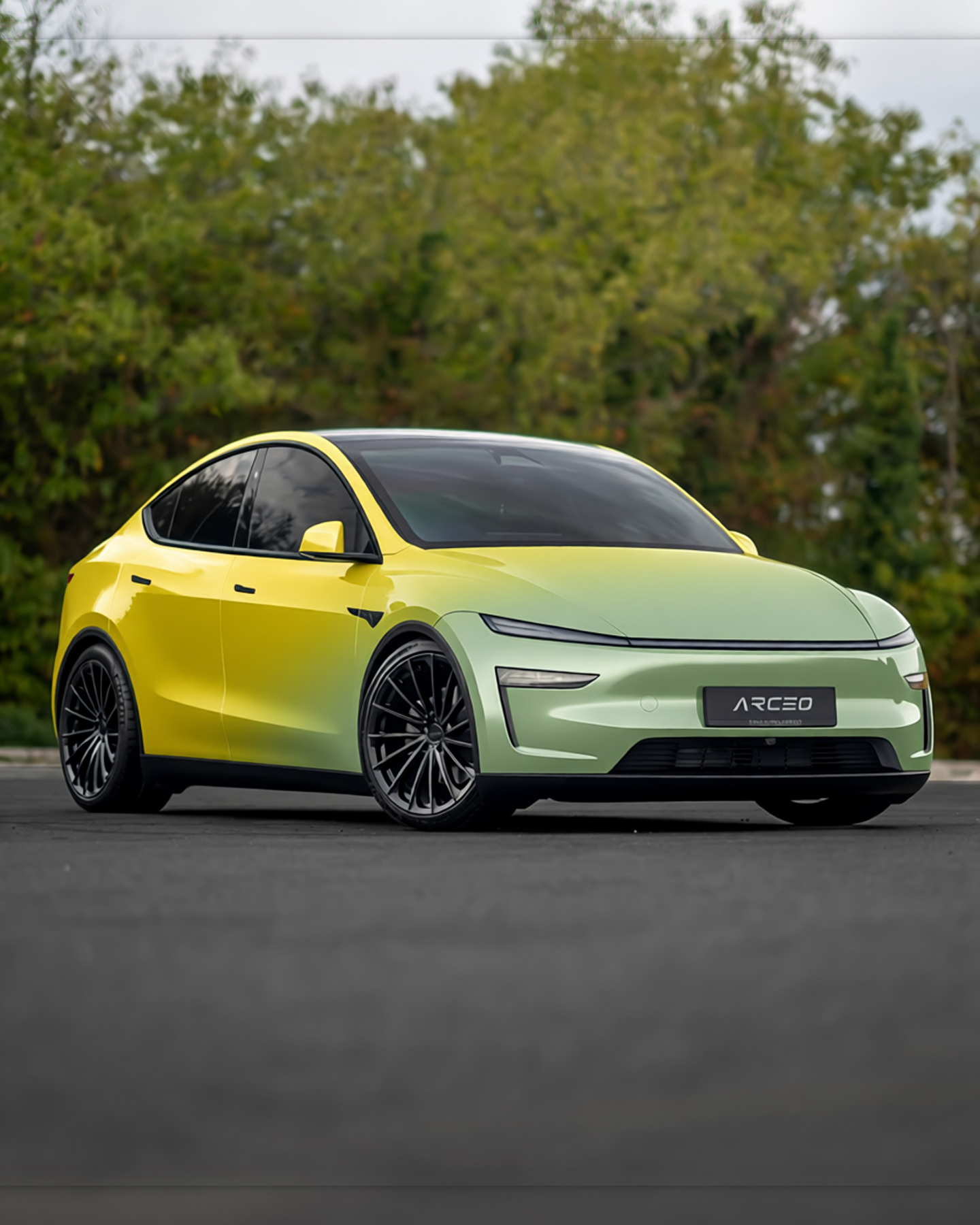 Tesla Model Y rendered in Gloss ColorFlow Fresh Spring Gold/Silver gloss wrap