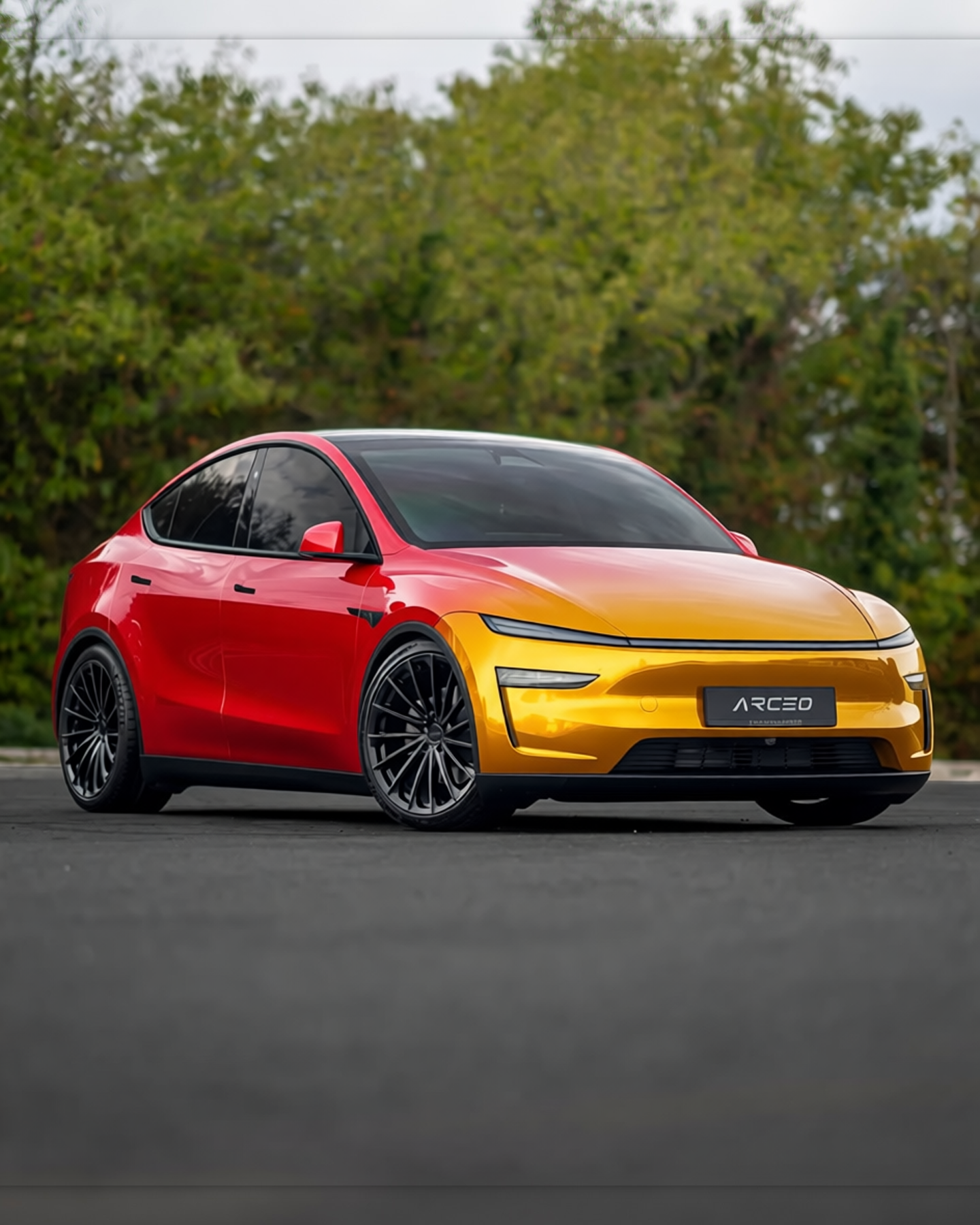 Tesla Model Y rendered in Gloss ColorFlow Rising Sun Red/Gold gloss wrap