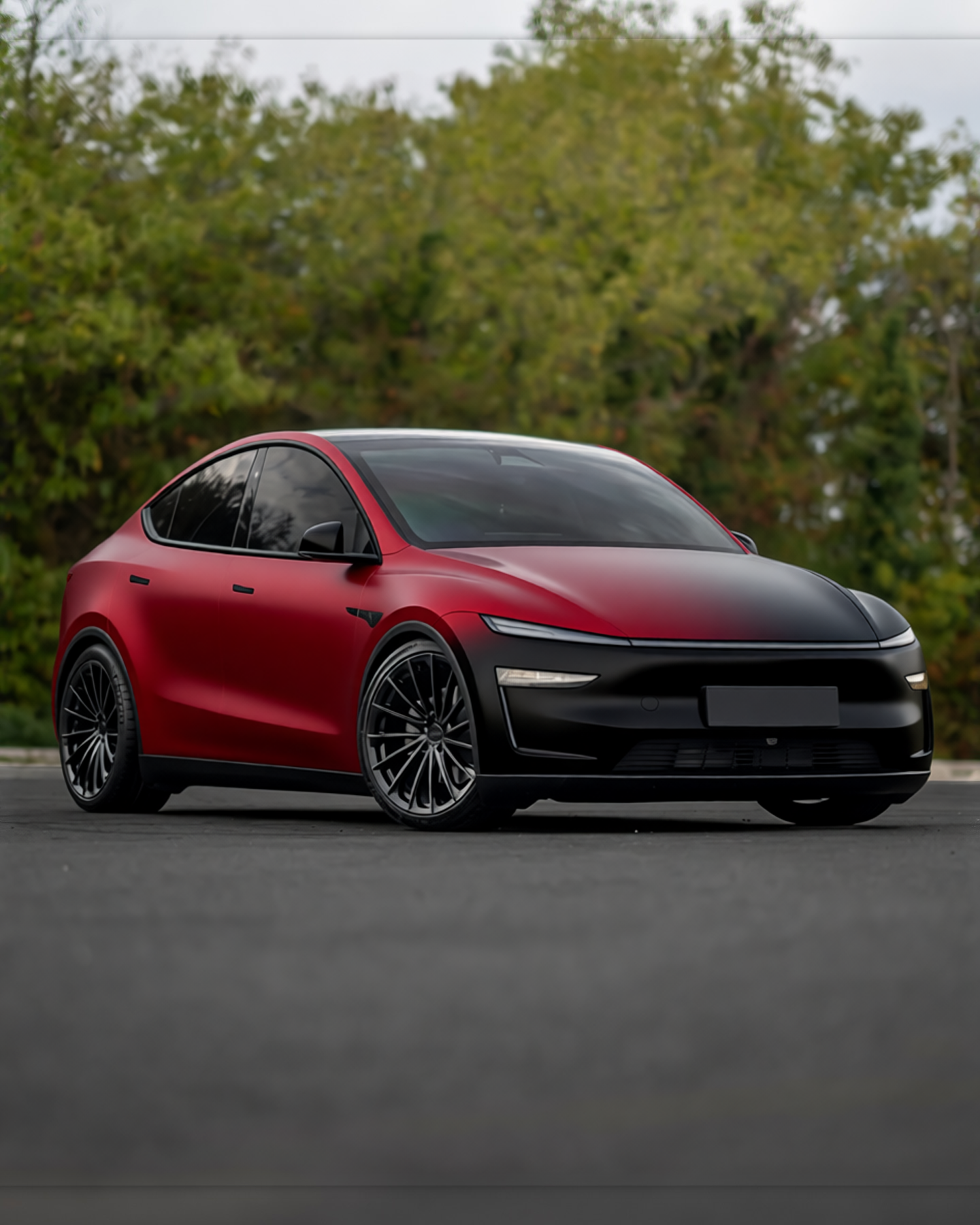 Tesla Model Y rendered in Satin ColorFlow Solar Dawn Red/Black gloss wrap