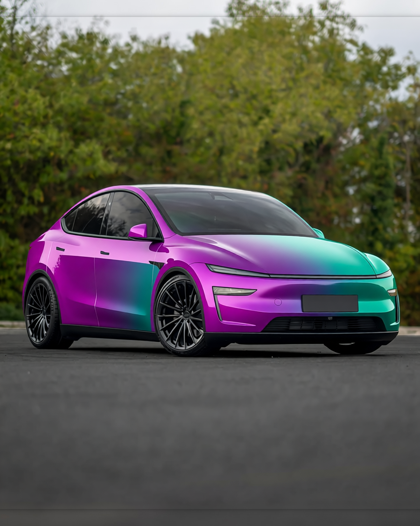 Tesla Model Y rendered in Gloss ColorFlow Lightning Ridge Purple/Green gloss wrap