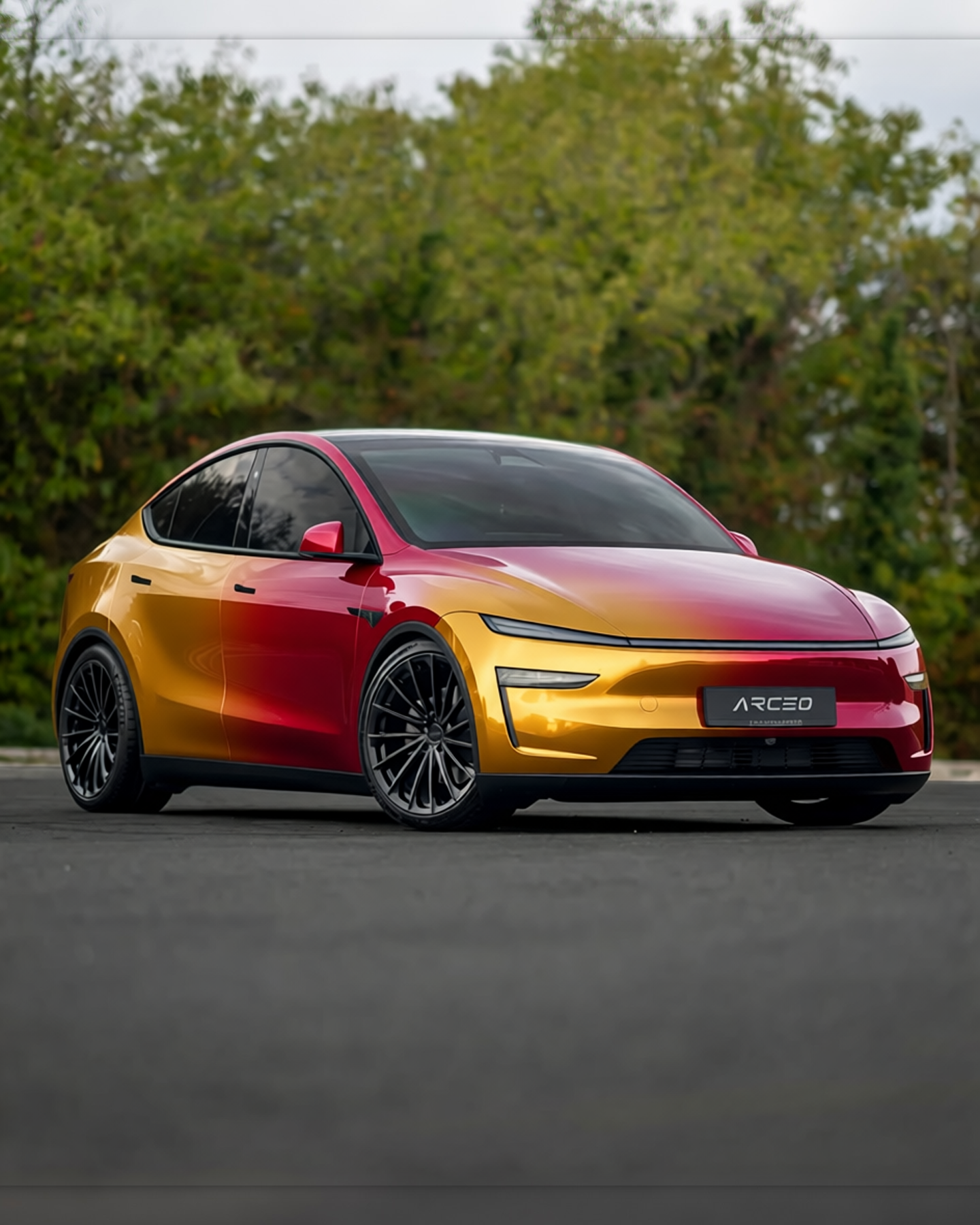 Tesla Model Y rendered in Gloss ColorFlow Rising Sun Red/Gold gloss wrap