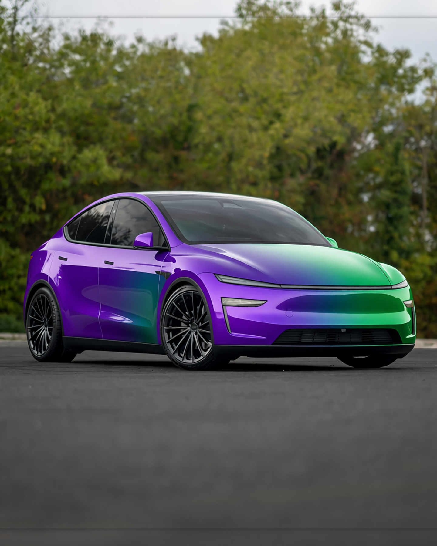 Tesla Model Y rendered in Gloss ColorFlow Lightning Ridge Purple/Green gloss wrap