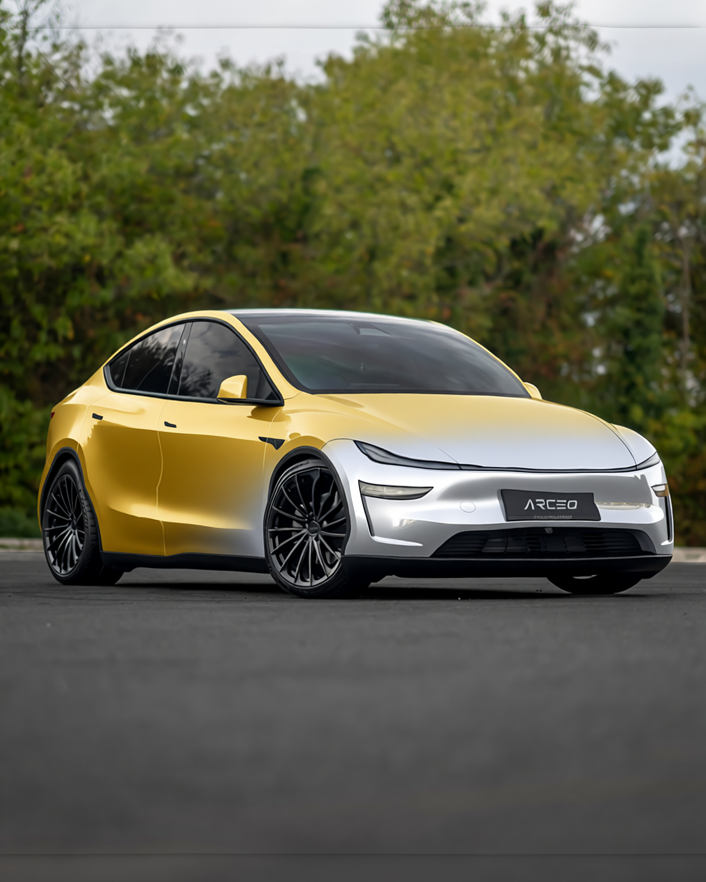 Tesla Model Y rendered in Gloss ColorFlow Fresh Spring Gold/Silver gloss wrap