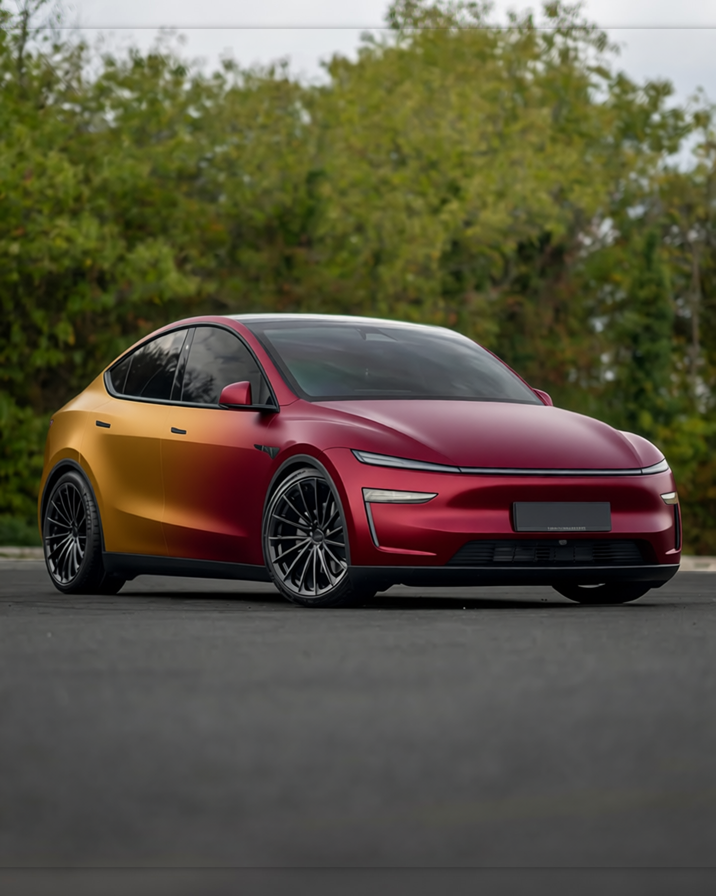 Tesla Model Y rendered in Satin ColorFlow Rising Sun Red/Gold gloss wrap