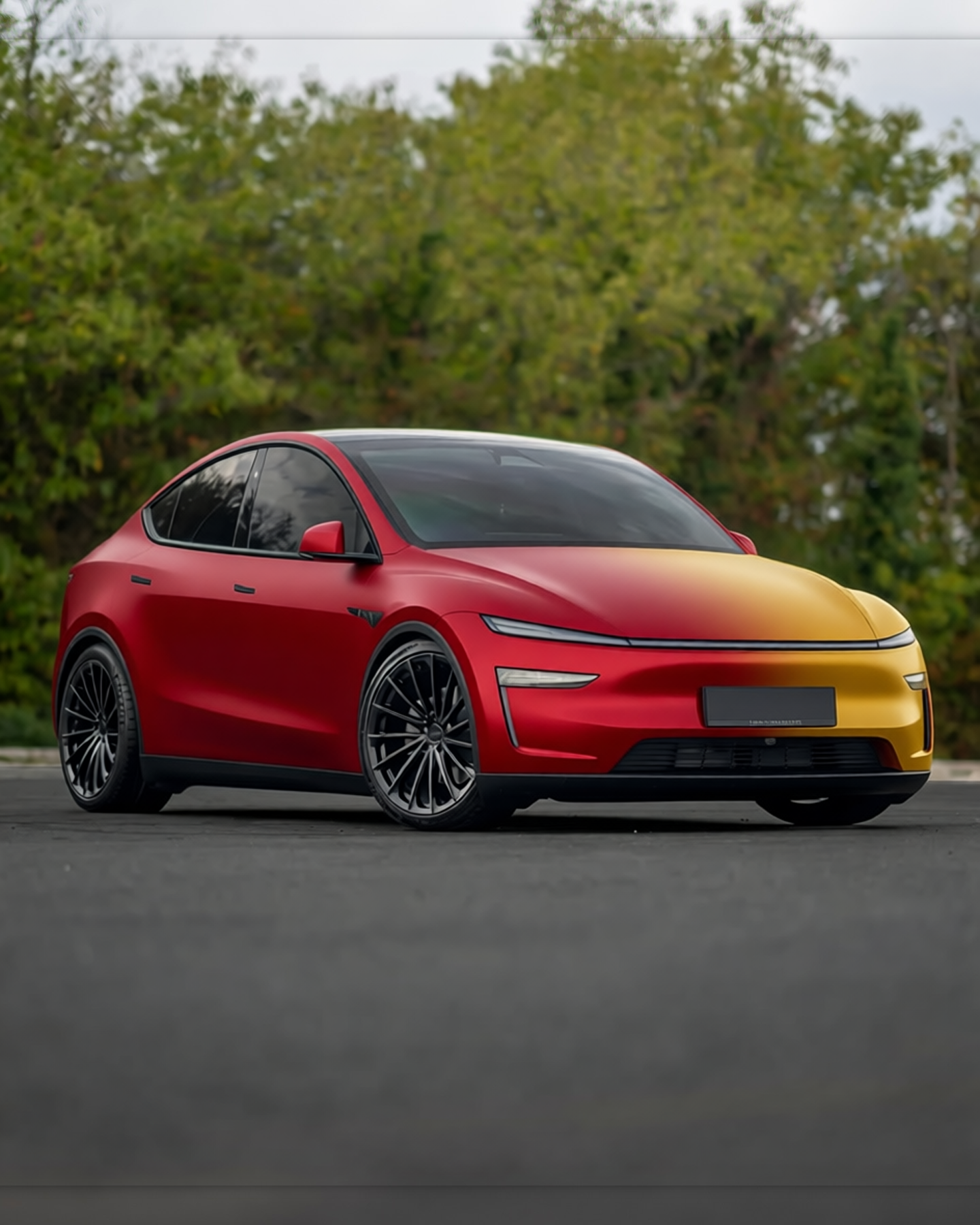 Tesla Model Y rendered in Satin ColorFlow Rising Sun Red/Gold gloss wrap