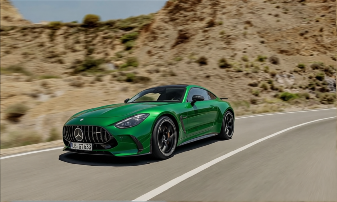 Mercedes-AMG GT rendered in Racing Green gloss paint
